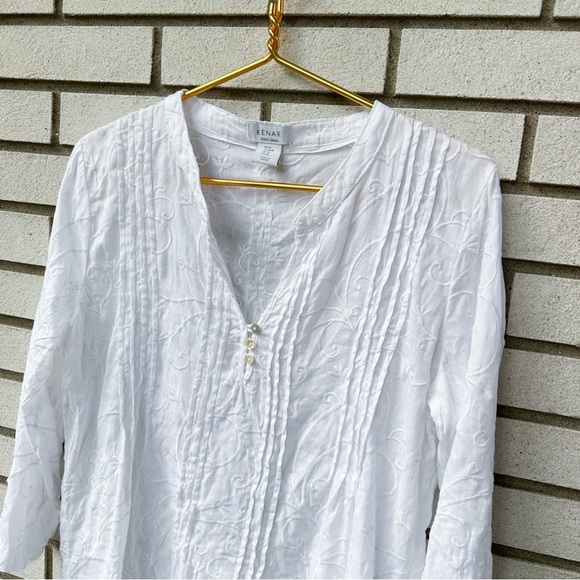Kenar White 100% Linen Embroidered Tunic Top M V-Neck 3/4 Sleeve Boho Beach - Picture 2 of 8
